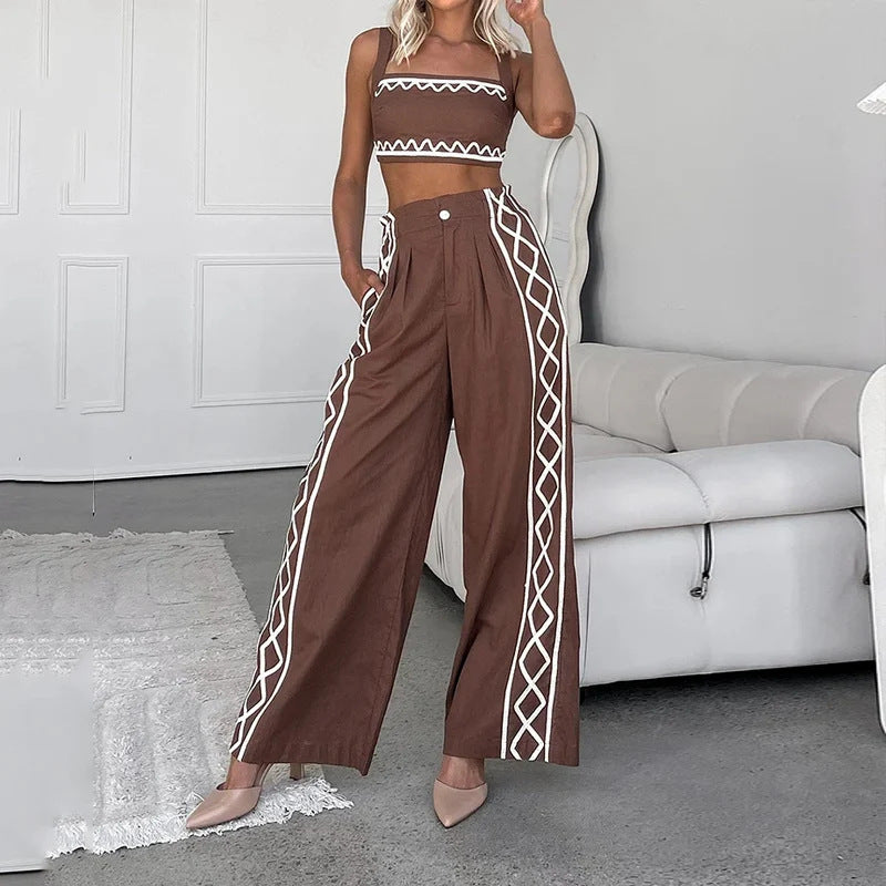 Women's Crop-top Spaghetti-strap Trousers Two-piece Suit