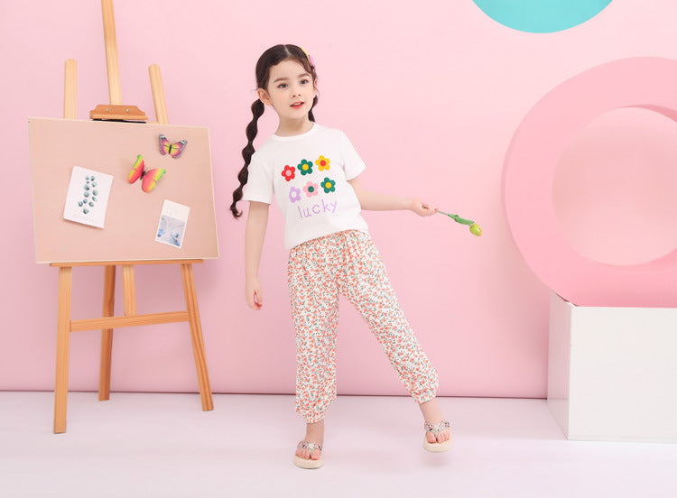 Short-sleeved T-shirt For Girls Flower Print Top