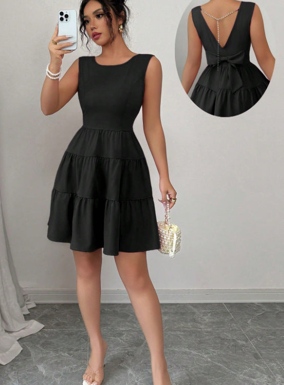 Solid-color Backless Bow-knot Sleeveless Mini Dress