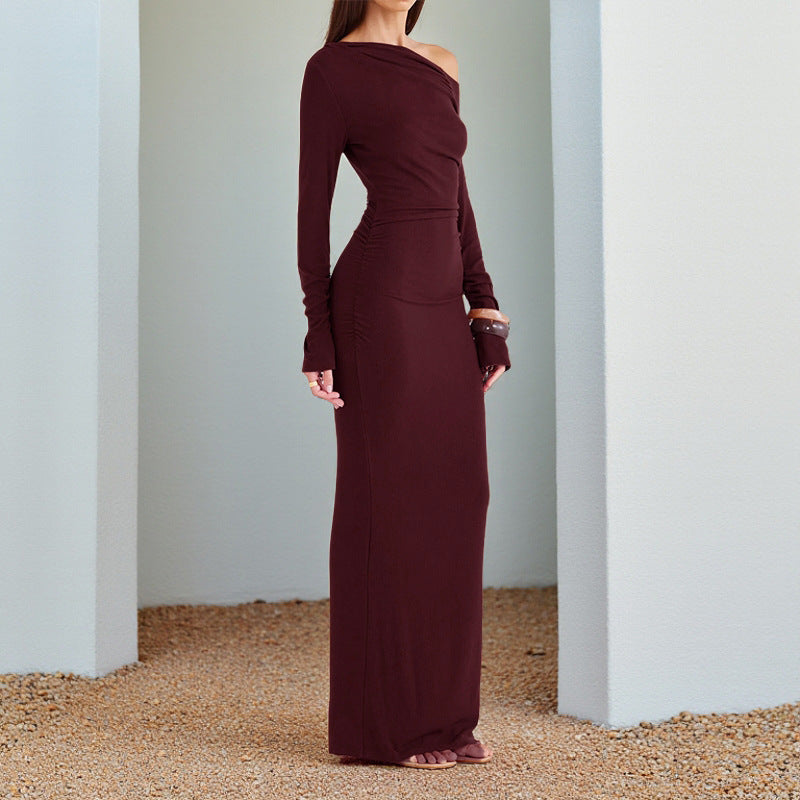 Oblique Shoulder Backless Long Sleeve Slim Dress Women Ins