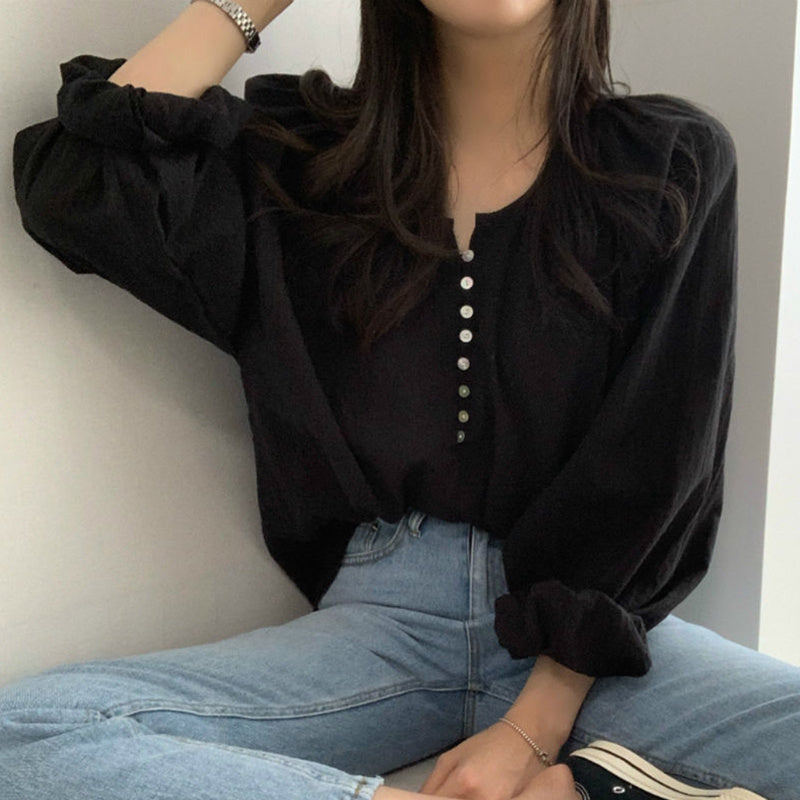 Niche Simple Round Neck Shell Button Thin Air-conditioned Shirt