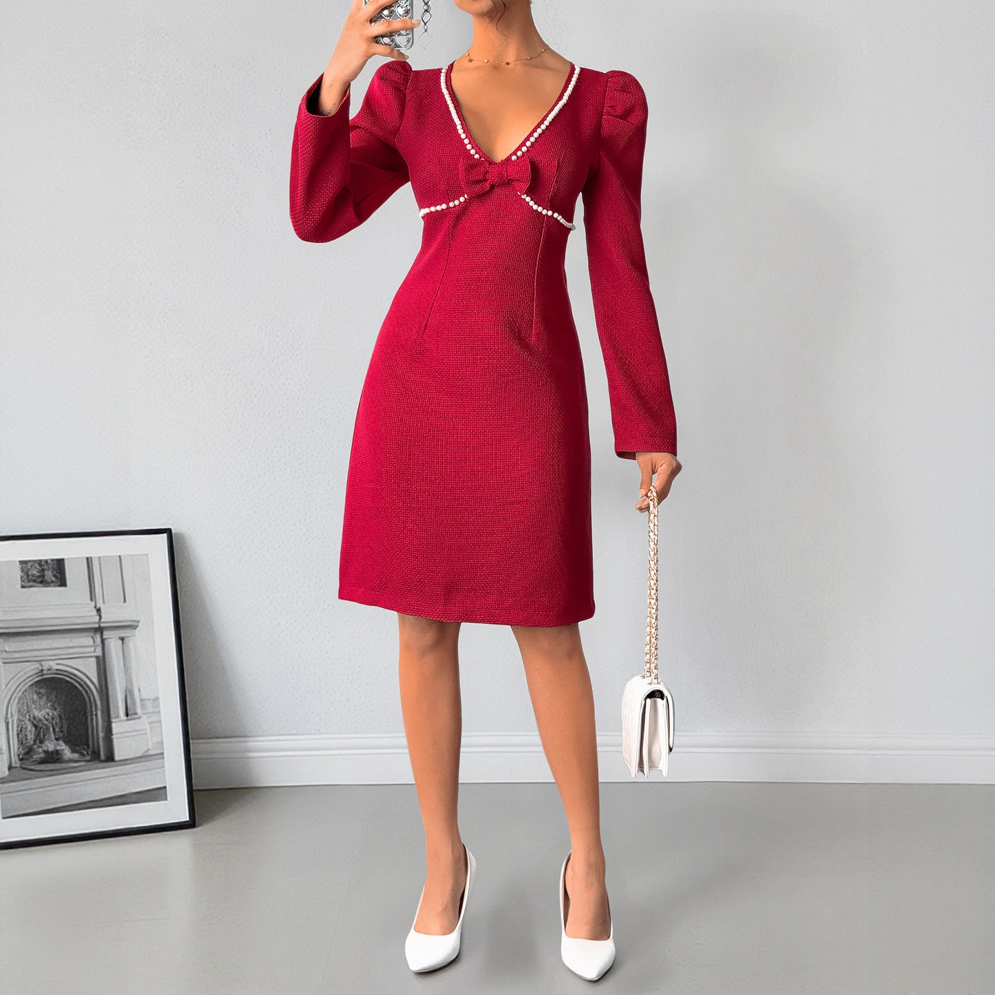 Sweet Retro Bow Pearl Decoration Deep V-neck Red Dress