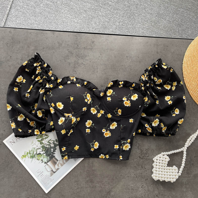 Women's Short Wood Ears With Chest Pads And Floral Chiffon Shirt