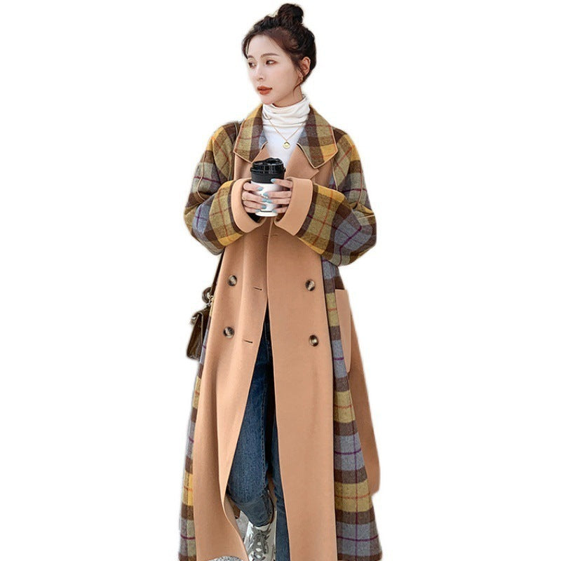 Manteau en laine double face à carreaux assortis pour femme, col tailleur