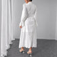 Elegant Vacation Long-Sleeve Hollow-Out Waist-Cinching Button Dress