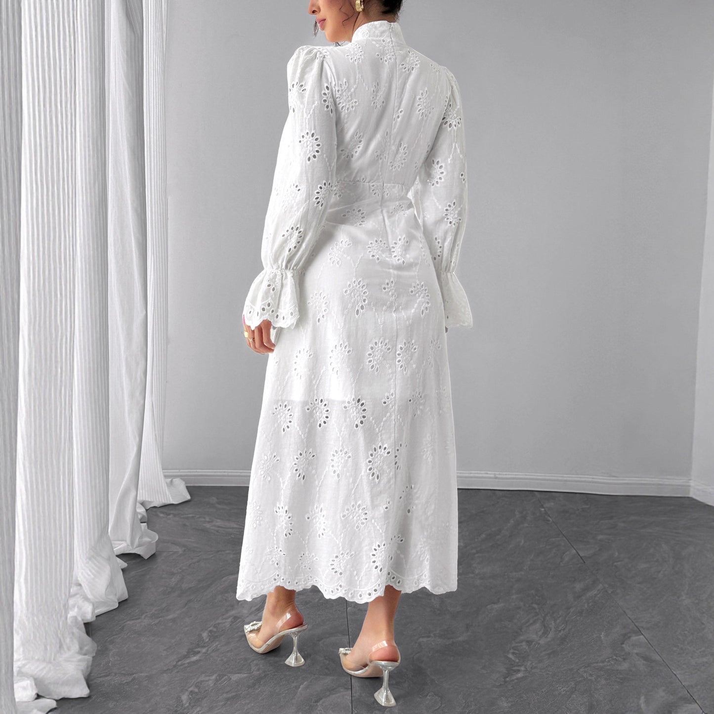 Elegant Vacation Long-Sleeve Hollow-Out Waist-Cinching Button Dress