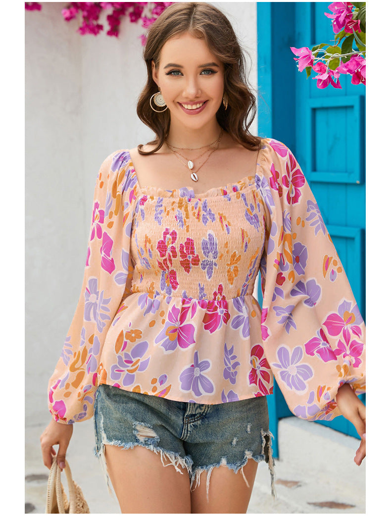 Chemise en mousseline à manches longues pour femme, col carré, imprimé floral, manches lanternes