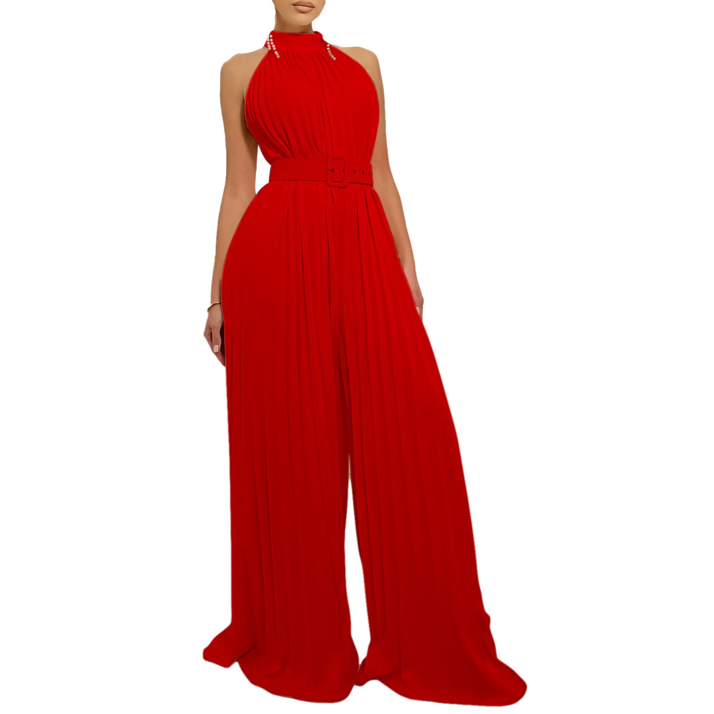Solid Color Sleeveless Wide-leg Pleated Wide-leg Jumpsuit