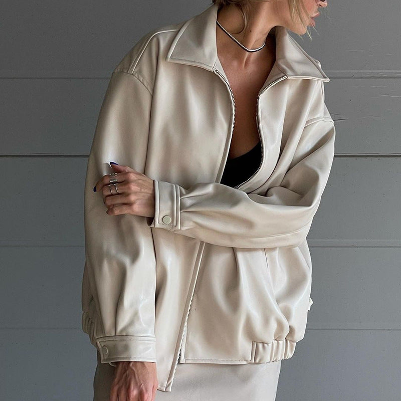 Women's Leather Solid Color Windbreaker Zipper Loose Coat