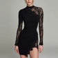 Long Sleeved Sheer Figure Hugging Lace Embellished Wrap Dress With A Slit And Patchwork Design