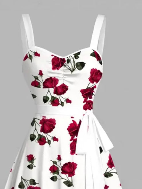 Vintage Rose Print Midi Dress With Belt