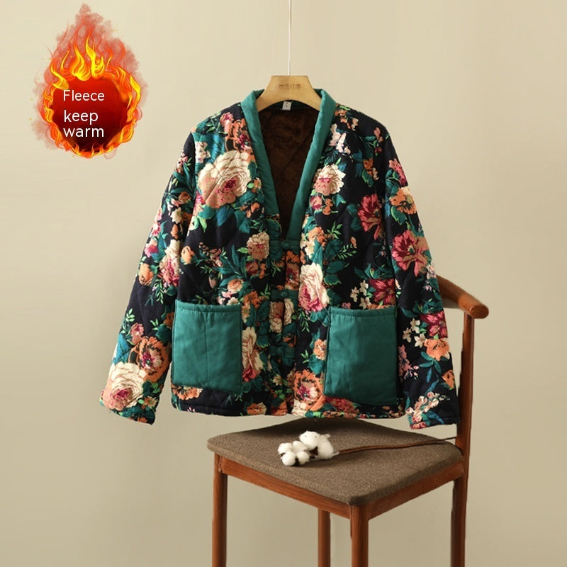 Veste à imprimé floral ethnique, manteau en coton épais doublé polaire, grande taille, vêtements pour femmes