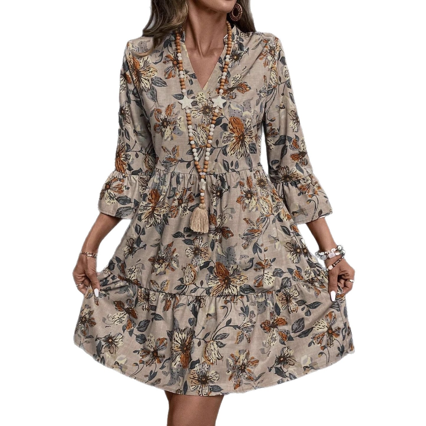 Womens Printed Casual Dress With A Stand-Up Collar