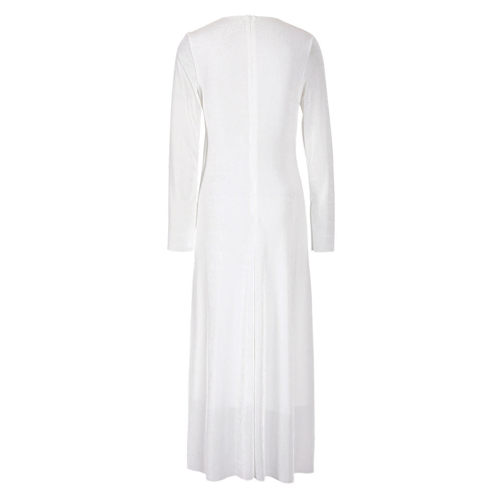 Robe plissée à manches longues et coupe ajustée pour femme avec nœud en métal