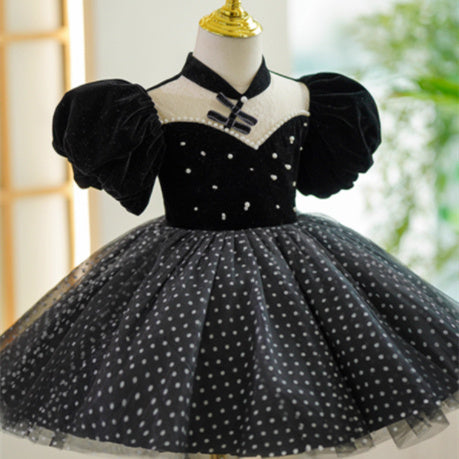 Girl's Flounced Sleeve Dot Mesh Princess Dress