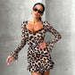 Women's Mesh Stitching Horn Long Sleeve Cinched Short Dress