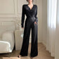 Womens Elegant, Sophisticated Solid-Color Long-Sleeve V-Neck Jumpsuit