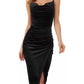 Fashion Women's Temperament Slit Pleated Velvet Sling Dress