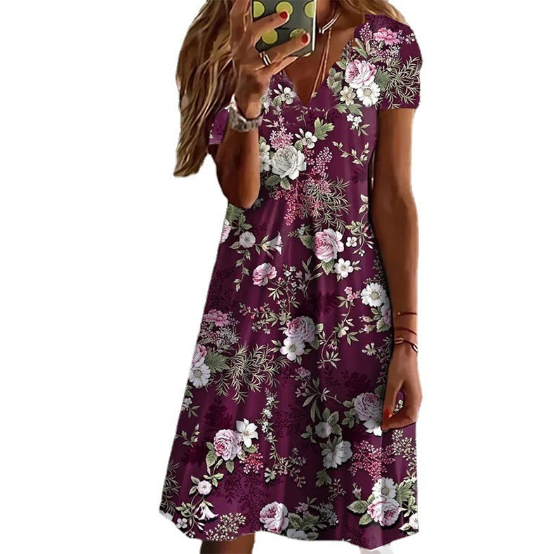 Robe ample à col en V et imprimé floral pour femme