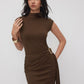 Solid-color Figure-flattering Knit Dress With A Metallic Buckle Featuring A Textured Knit For A Slimming Effect