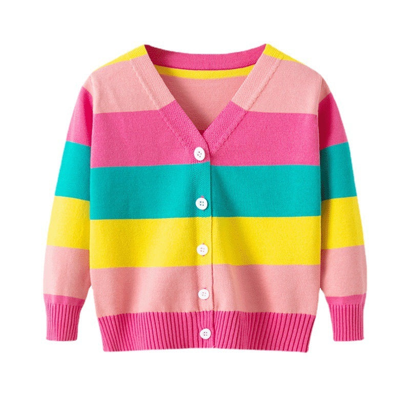 Children's Cotton Sweater Rainbow Striped Cardigan Knitted Coat
