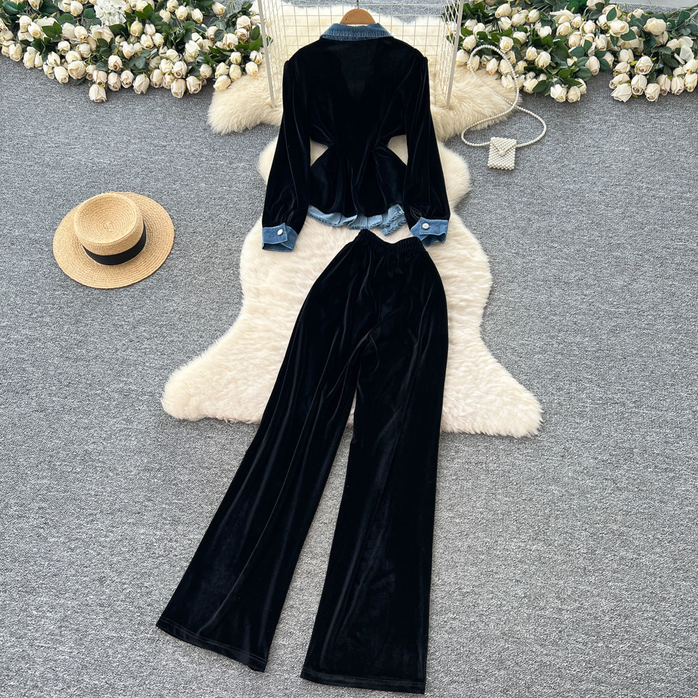 Chic Niche-style Blue Denim Spring Set With A French-inspired Cinched Waist For A Slimming Trendy Look