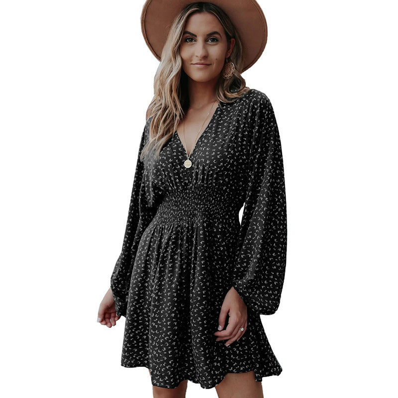 Robe à manches longues à imprimé pois, col en V, manches lanternes, taille plissée, coupe trapèze, vêtements pour femmes