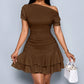 Elegant Sophisticated Solid Color Off The Shoulder Slim Fit Ruffle Trim Dress