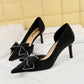 Women's Stiletto Low-cut Pointed Side Hollow Rhinestone Bow High Heels