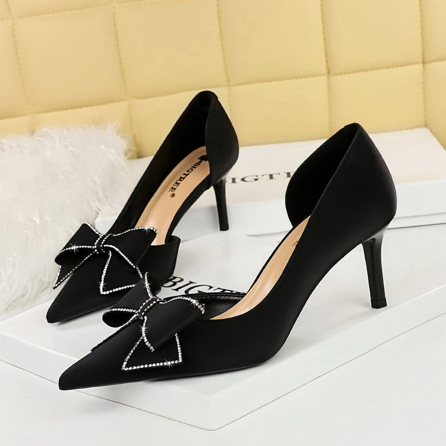Women's Stiletto Low-cut Pointed Side Hollow Rhinestone Bow High Heels