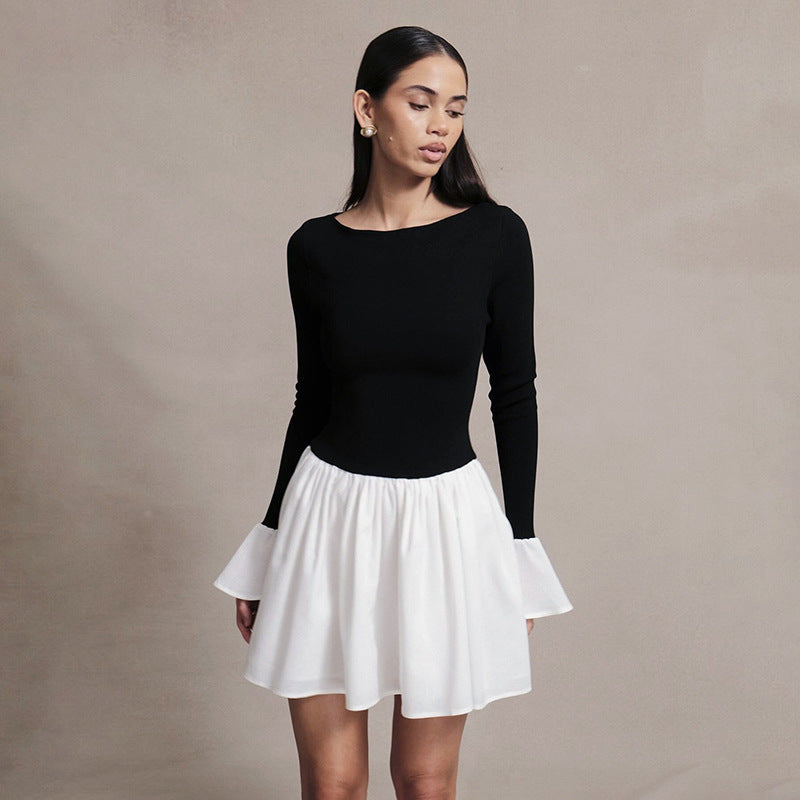 Fashion Color-block Round Neck Trumpet Sleeve Dress For Women
