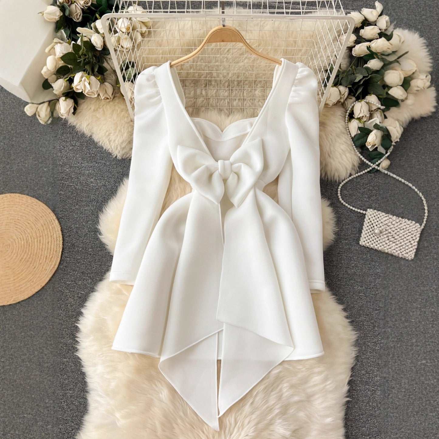 Women's Hollowed-Out Backless Dress With Bow Decoration And Defined Waist