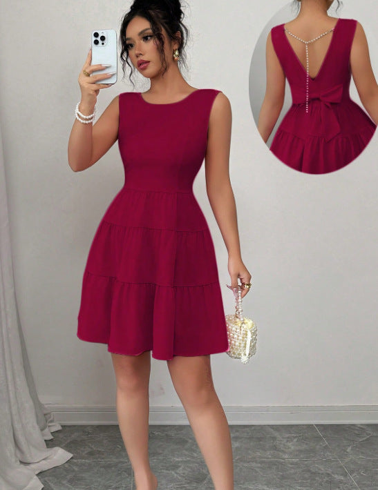 Solid-color Backless Bow-knot Sleeveless Mini Dress