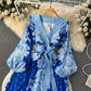 European And American Ins Vintage Court Style Printed Lantern Sleeve V-neck Lace Up Large Swing Dress