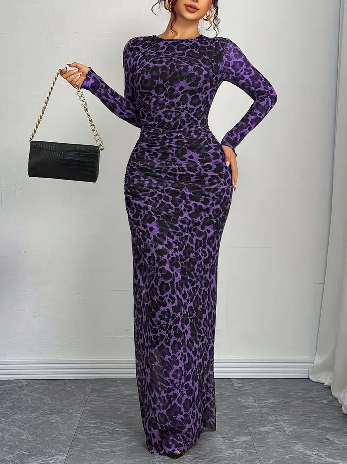 Elegant Womens Leopard-Print Sheer Long-Sleeve Bodycon Dress