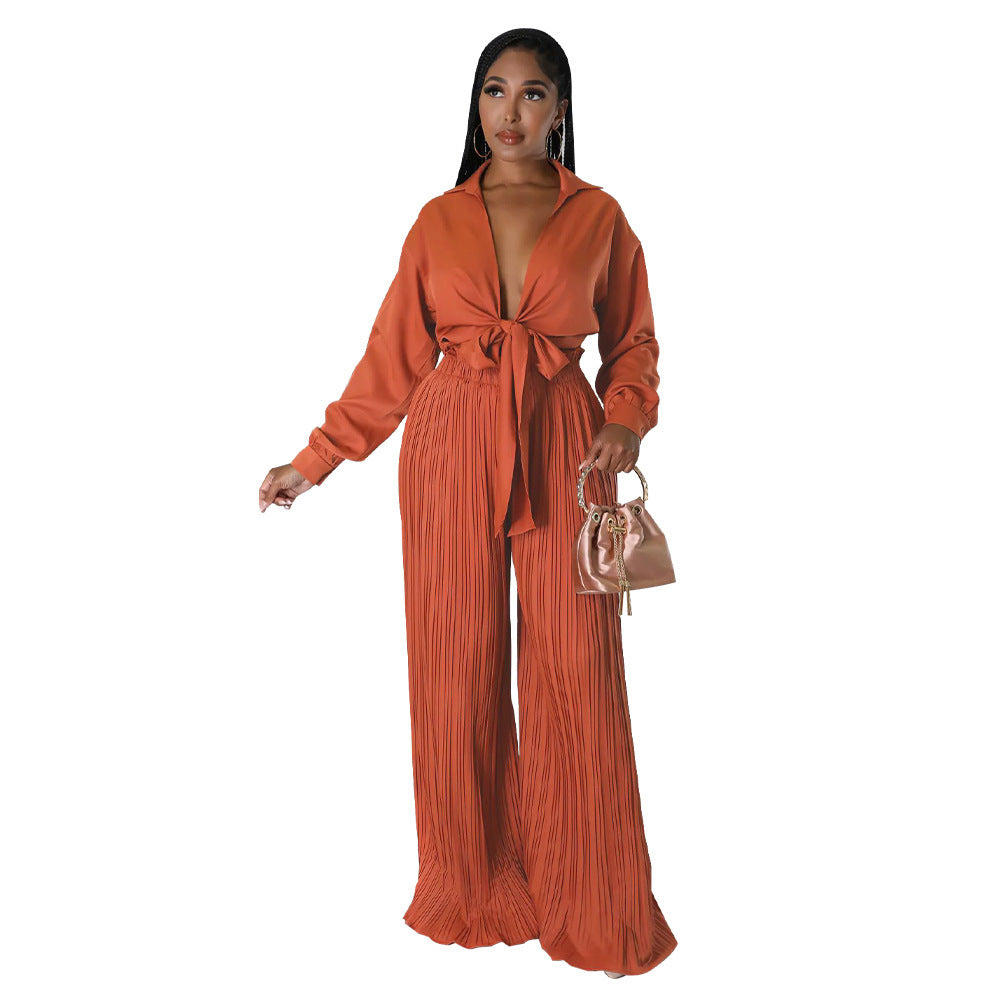 Chemisier plissé et pantalon à lacets à manches longues et col en V pour femme, best-seller de l'automne, vente en gros