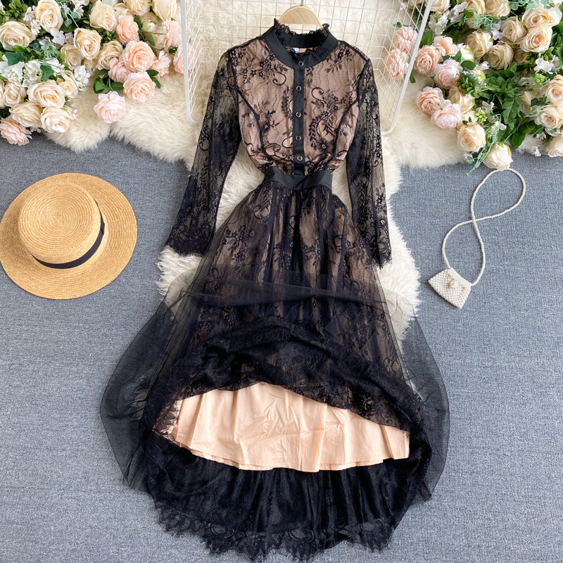 Temperament Dress Lace Round Neck Long Sleeve Mesh Hollow Women's