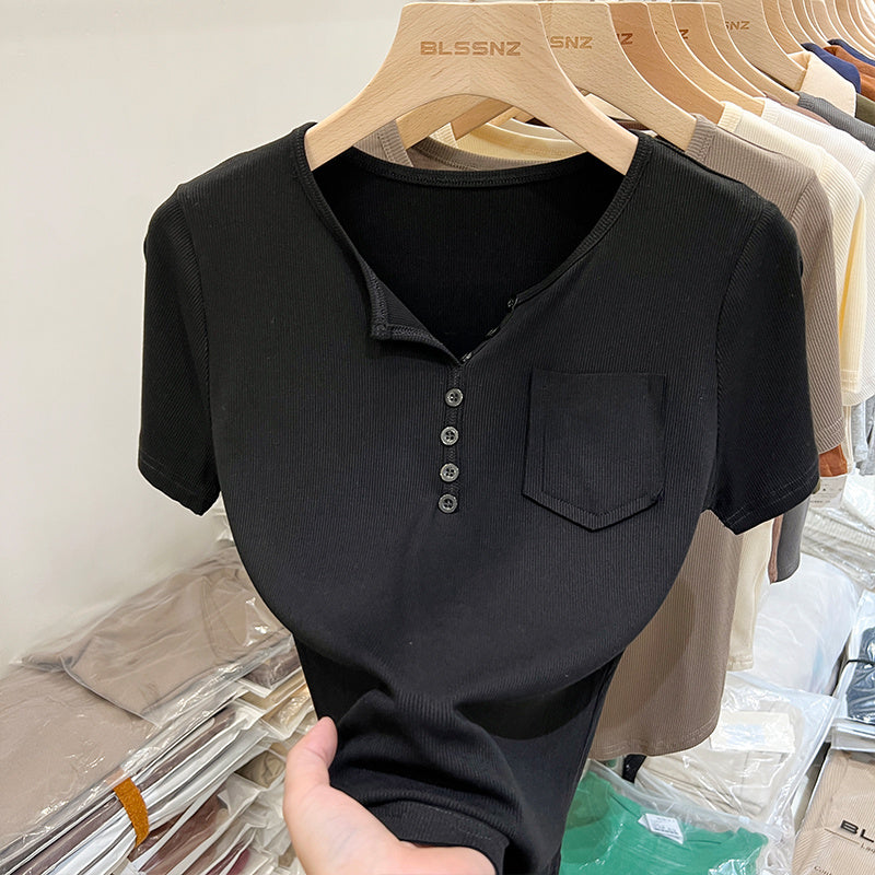 Women's Half-open Round Neck Solid Color Fashion Pocket Waist-tight T-shirt
