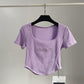 T-shirt court taille haute pour femme, haut court et sexy, moulant, à manches courtes et ourlet incurvé, été