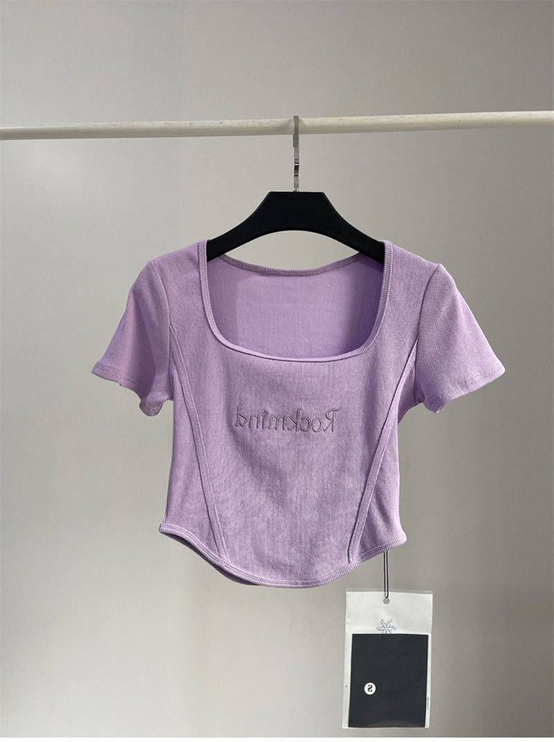 T-shirt court taille haute pour femme, haut court et sexy, moulant, à manches courtes et ourlet incurvé, été