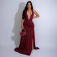 Robe élégante européenne et américaine à col en V et fente sexy, robe plissée dos nu