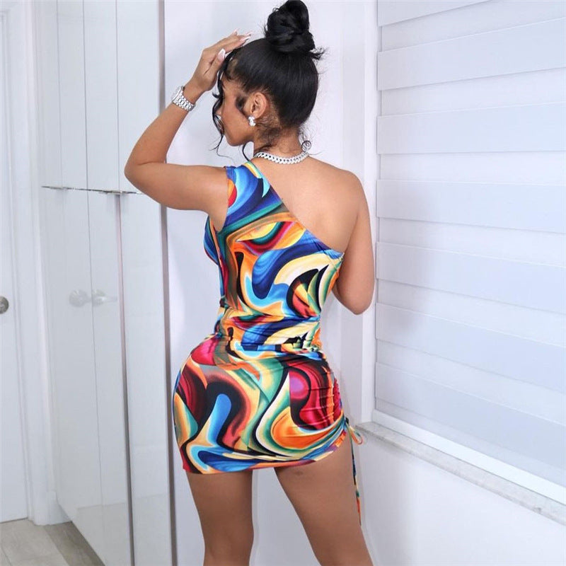 Slim Dress With Slanted Shoulders And Backless Drawstring