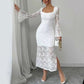 Fashionable Lace-Patchwork Square-Neck Flared-Sleeve Bodycon Dress
