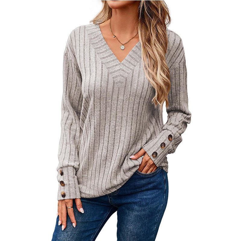 Women's Long Sleeve V-neck Shirt Solid Color Buttons