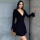 Valentine's Day Women's Solid-Color Deep V-Neck Long-Sleeve Drawstring Slim-Fit Dress