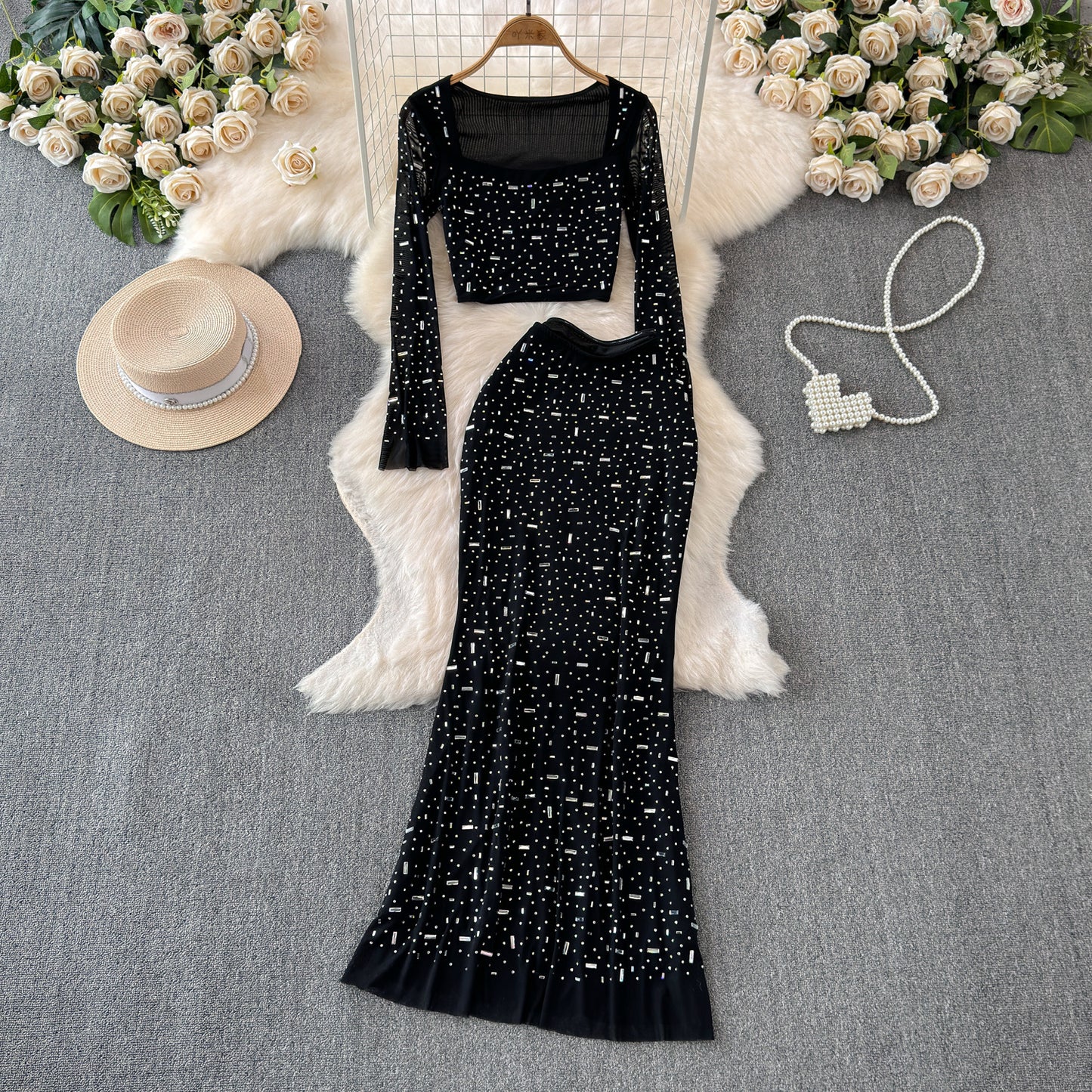 Hip-wrapped Skirt Evening Dress Two-piece Set