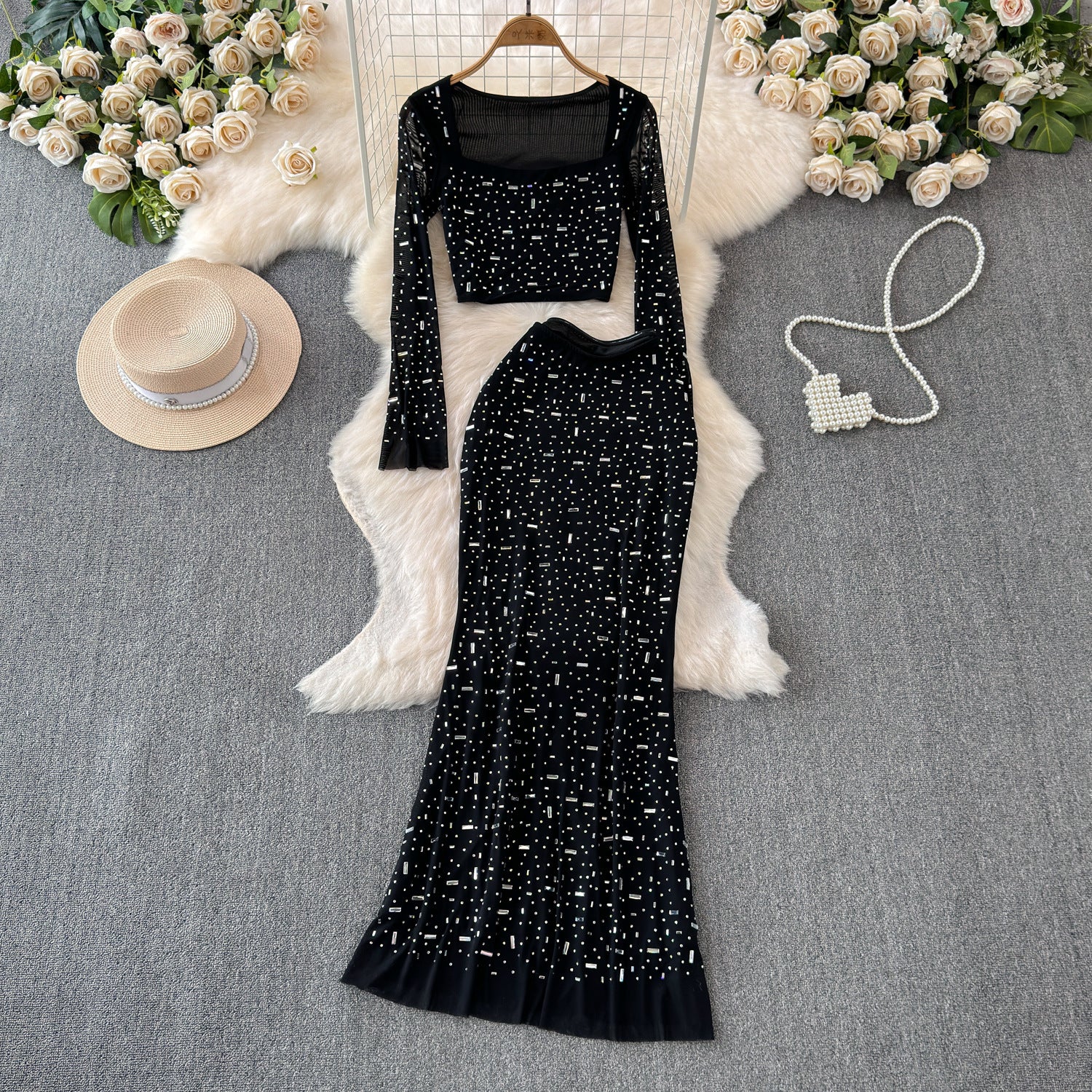 Hip-wrapped Skirt Evening Dress Two-piece Set