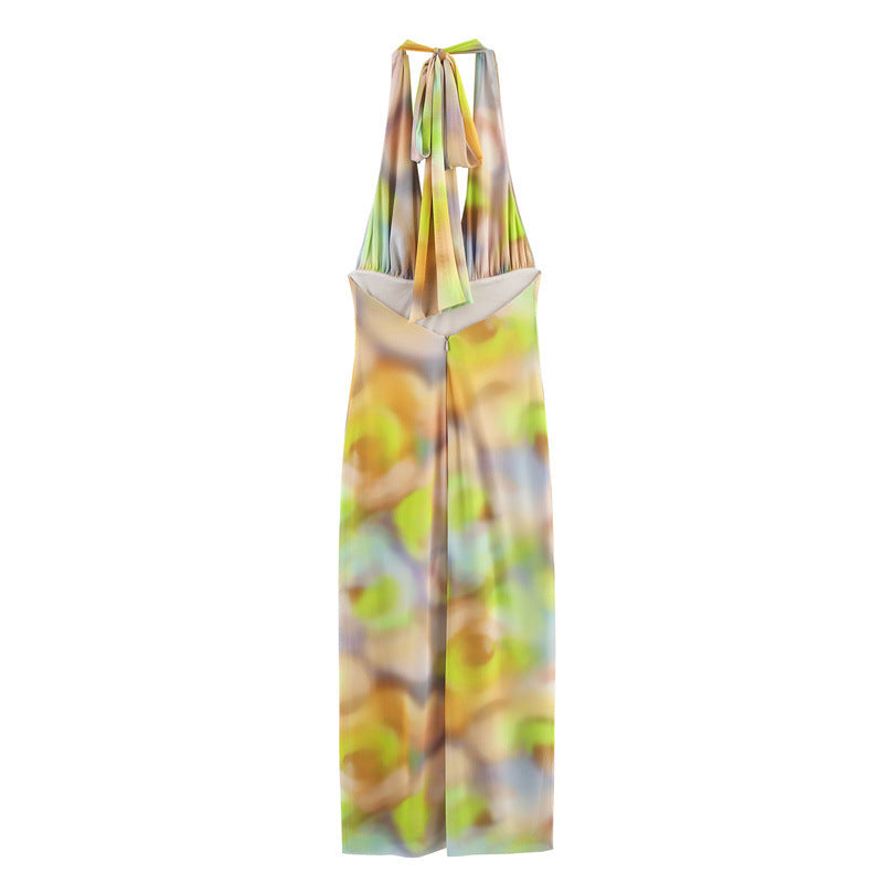 Ethnic Floral Print Silk Net Hanging Collar Dress