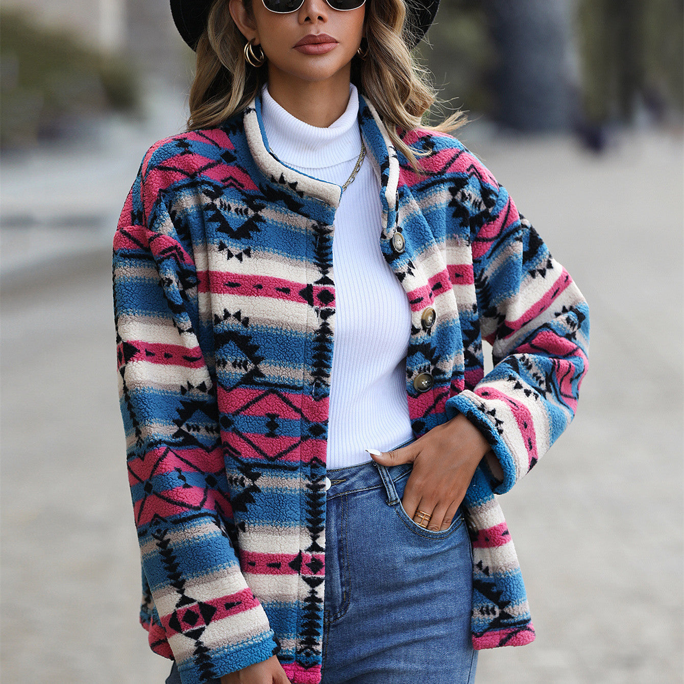 New Casual Plush Women's Loose Single Breasted Geometric Coat