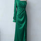 Diagonal Collar Raglan Sleeve Pleated Waist Tight Split Long Dress